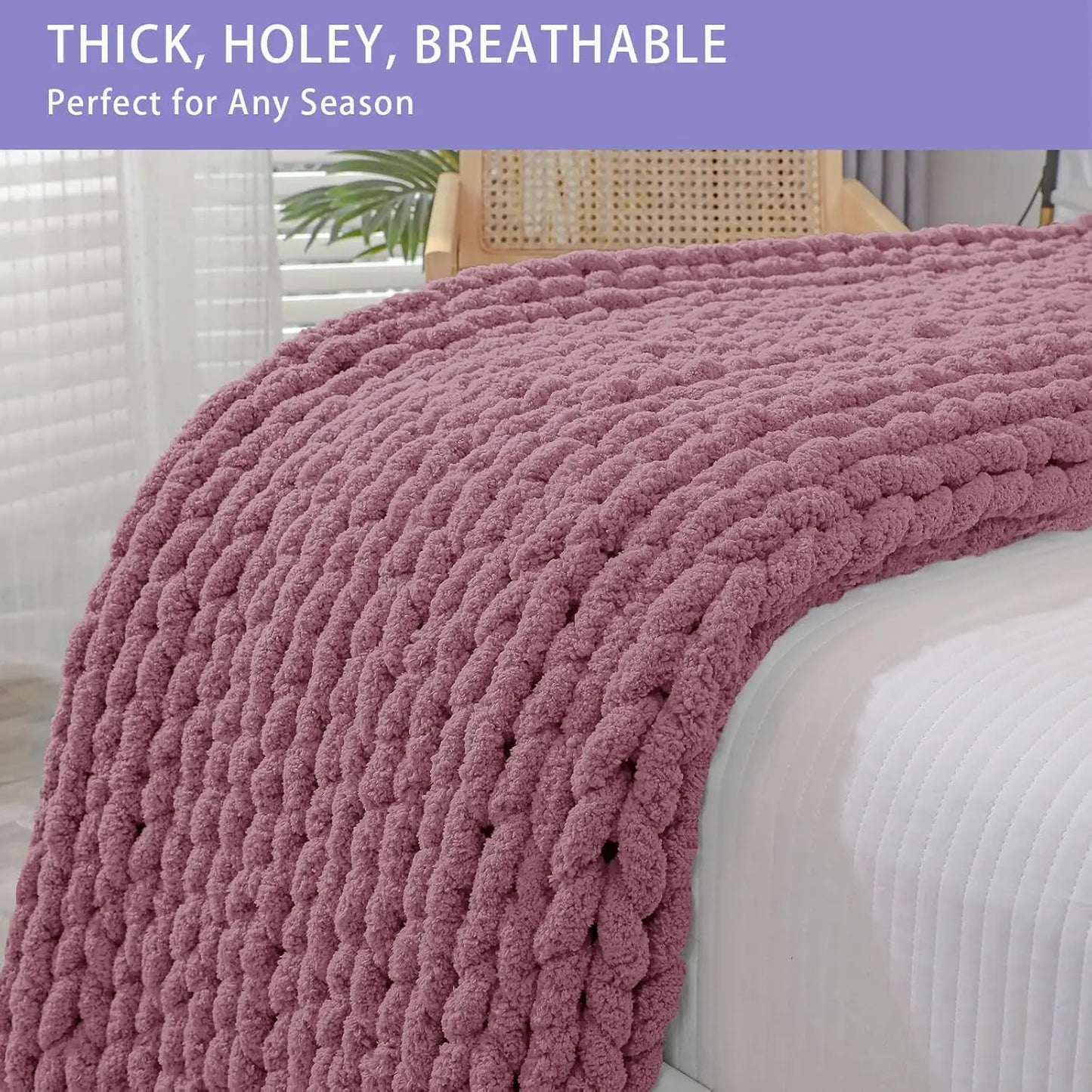 Chunky Knit Throw Blanket, 40x60 Inches, Handmade with Soft Chenille Yarn for Couch and Bed in Burnt Rose