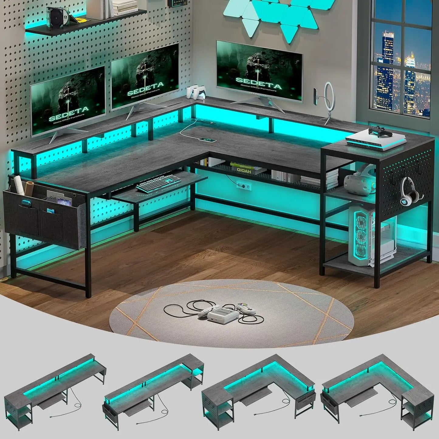 Zhuxiang L Shaped Computer Desk With Power Outlets And LED