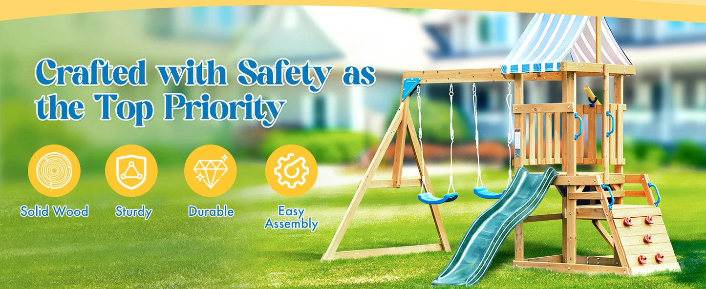 Robotime Robud Wooden Swing Set with Dual Swings Slide Rock Climbing Wall Chalkboard Telescope Fort for Backyard Fun for Kids