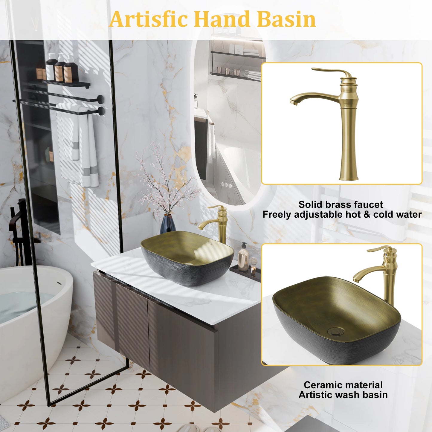 Modern Floating Bathroom Vanity Sink Combo With Ceramic Basin And Stone Top
