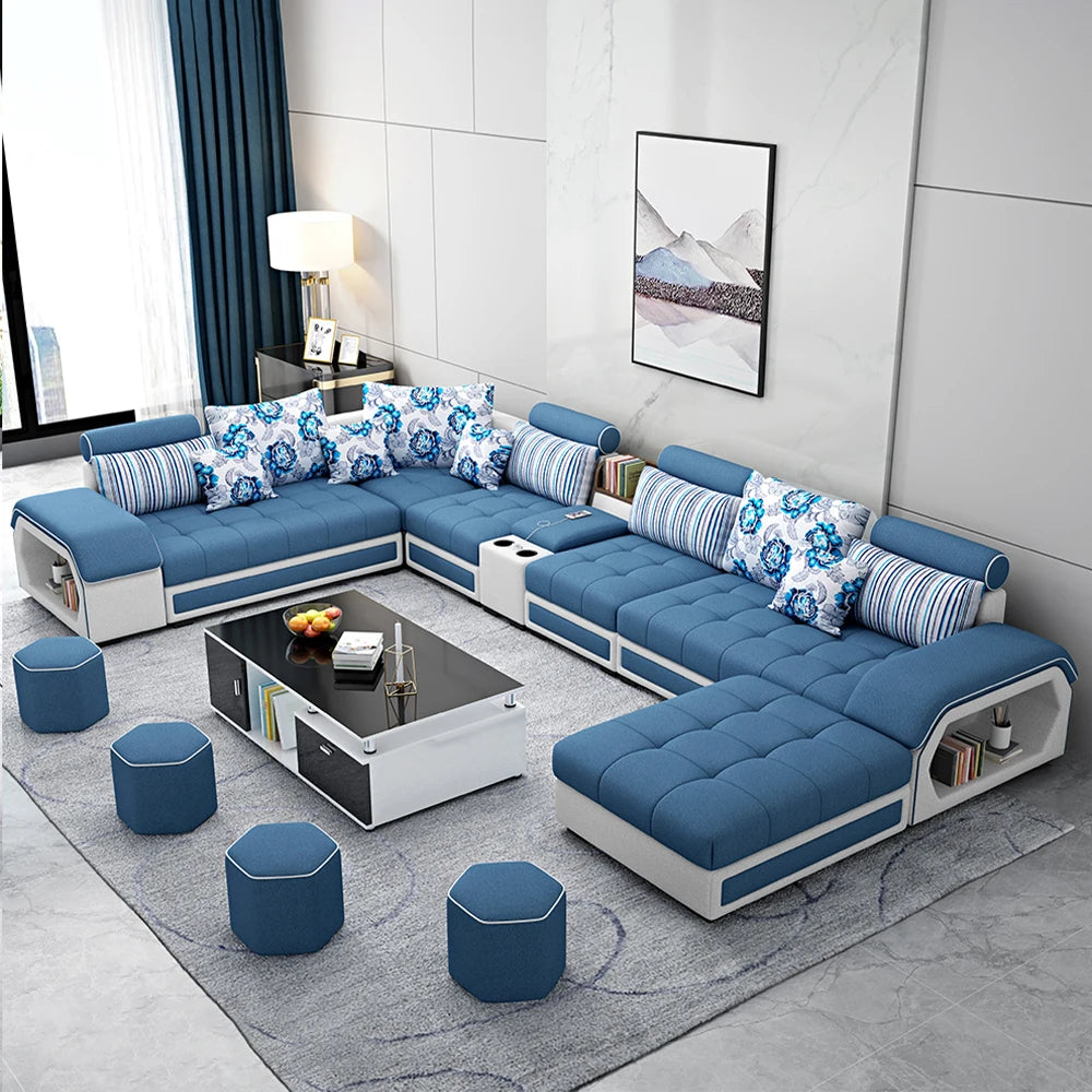 Linlamlim U Shape Fabric Sofa Set With USB Ports And Stools