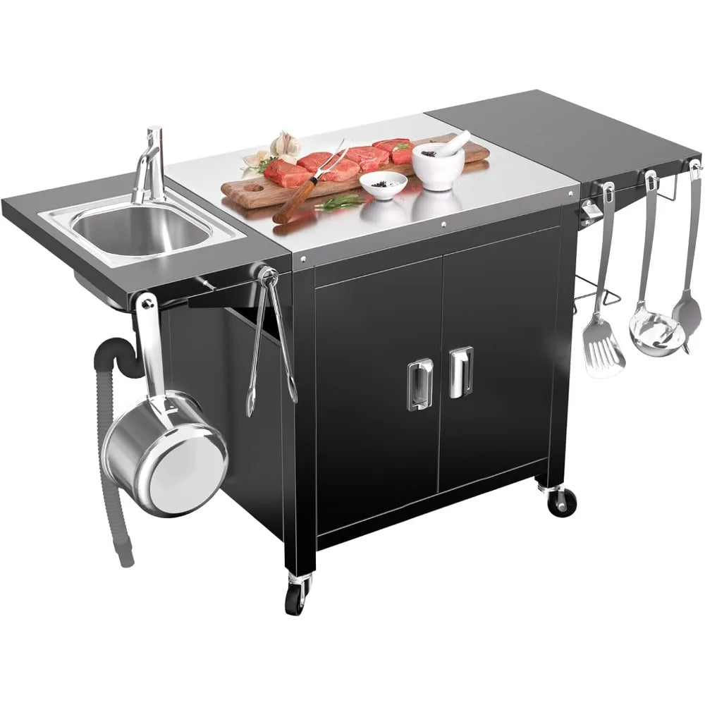 Grill Table with Sink, Outdoor Bar Cart Grill Station, Modular Outdoor Kitchen Island with 100-Gallon Storage Cabinet, 304 Stain