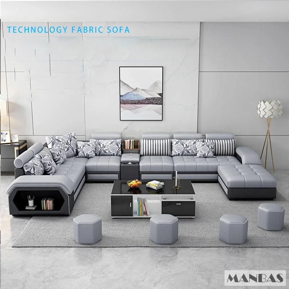 Linlamlim U Shape Fabric Sofa Set With USB Ports And Stools
