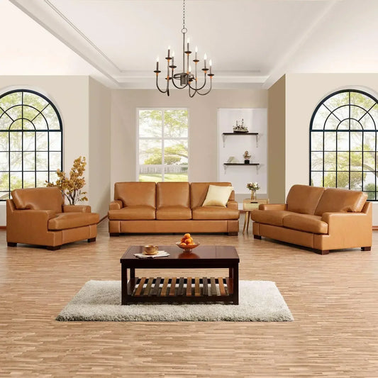 Siggy Genuine Leather Sofa Set 3 With Goose Feather Cushions