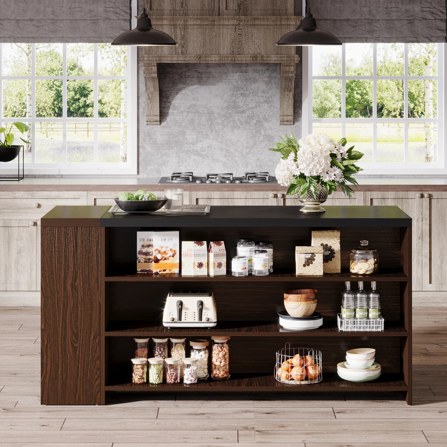 Tribesigns Farmhouse Kitchen Island with Storage and 5-Tier Shelves