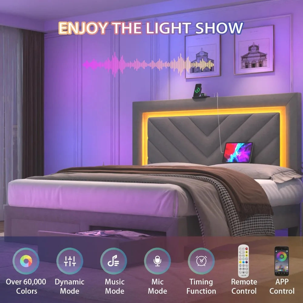 Upholstered Velvet Bed Frame With LED Headboard Storage Drawer Charging