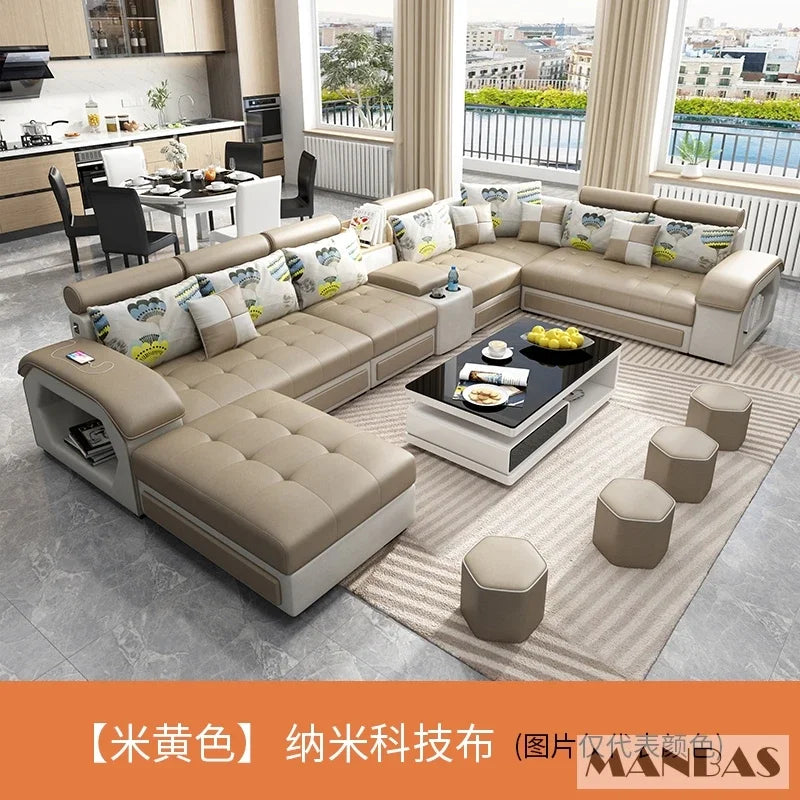 Linlamlim U Shape Fabric Sofa Set With USB Ports And Stools