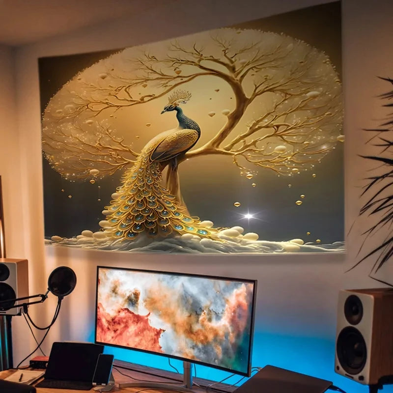 Golden Peacock Wall Tapestry Dreamy Tree And Feather Art
