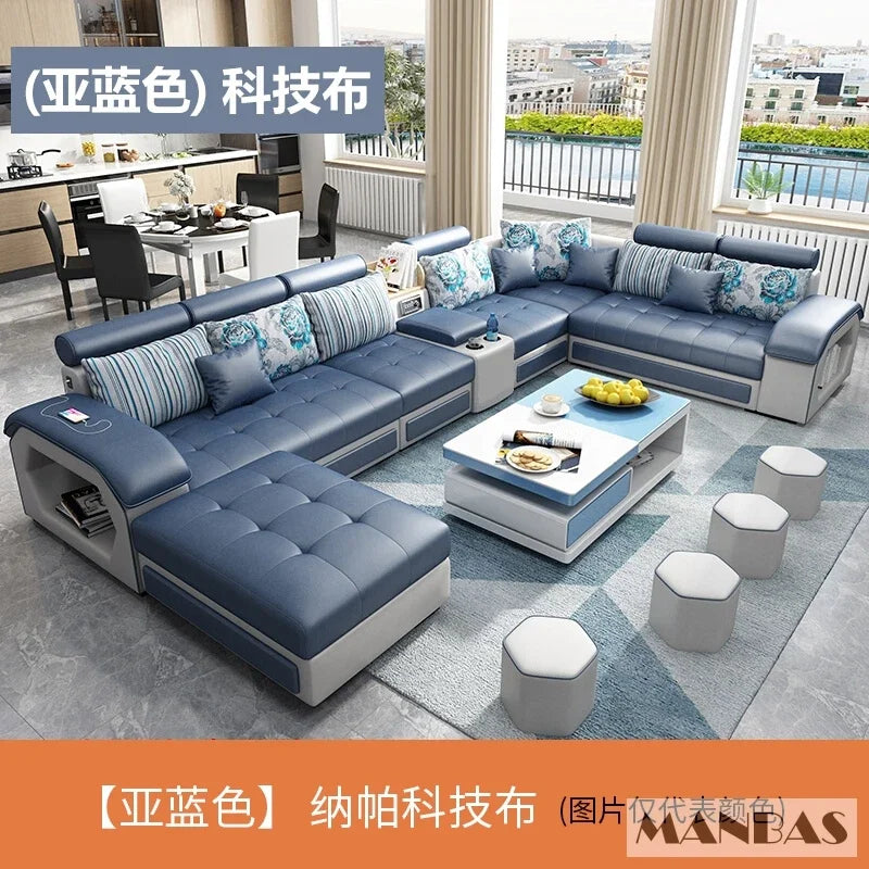 Linlamlim U Shape Fabric Sofa Set With USB Ports And Stools