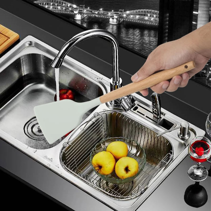 AJOYOUS Silicone Kitchen Utensils Set Nonstick With Wooden Handles
