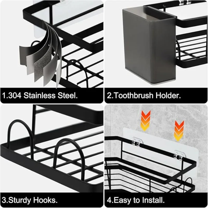 Adhesive Corner Shower Caddy Stainless Steel Rustproof With Hooks
