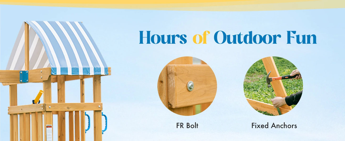 Robotime Robud Wooden Swing Set with Dual Swings Slide Rock Climbing Wall Chalkboard Telescope Fort for Backyard Fun for Kids