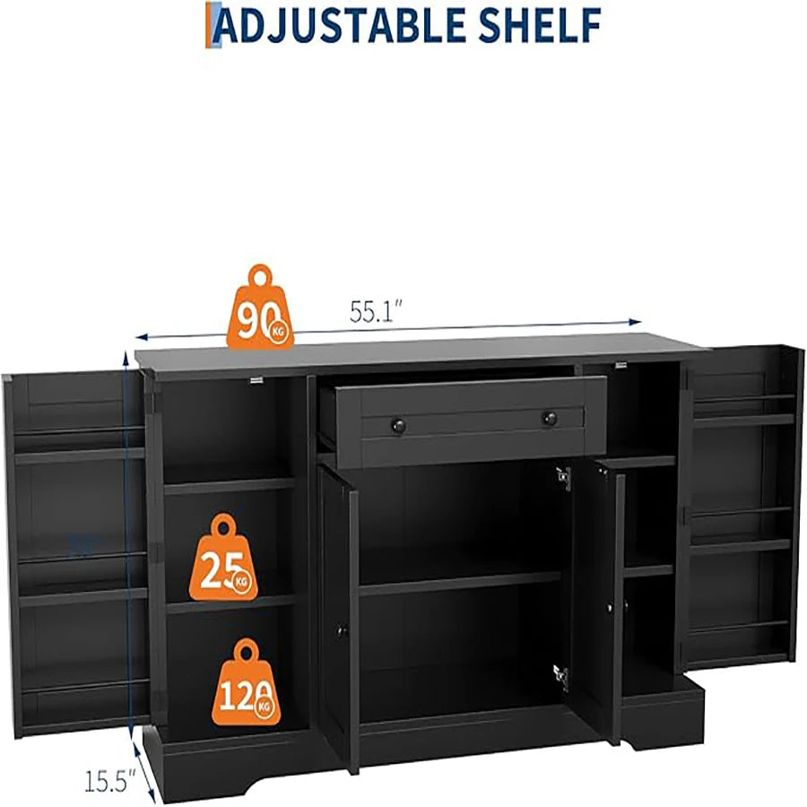 Modern Sideboard Buffet Cabinet with Storage, 55 in Wood Coffee Bar Cabinet with Drawer, Shelves & Door Shelves, for Kitchen