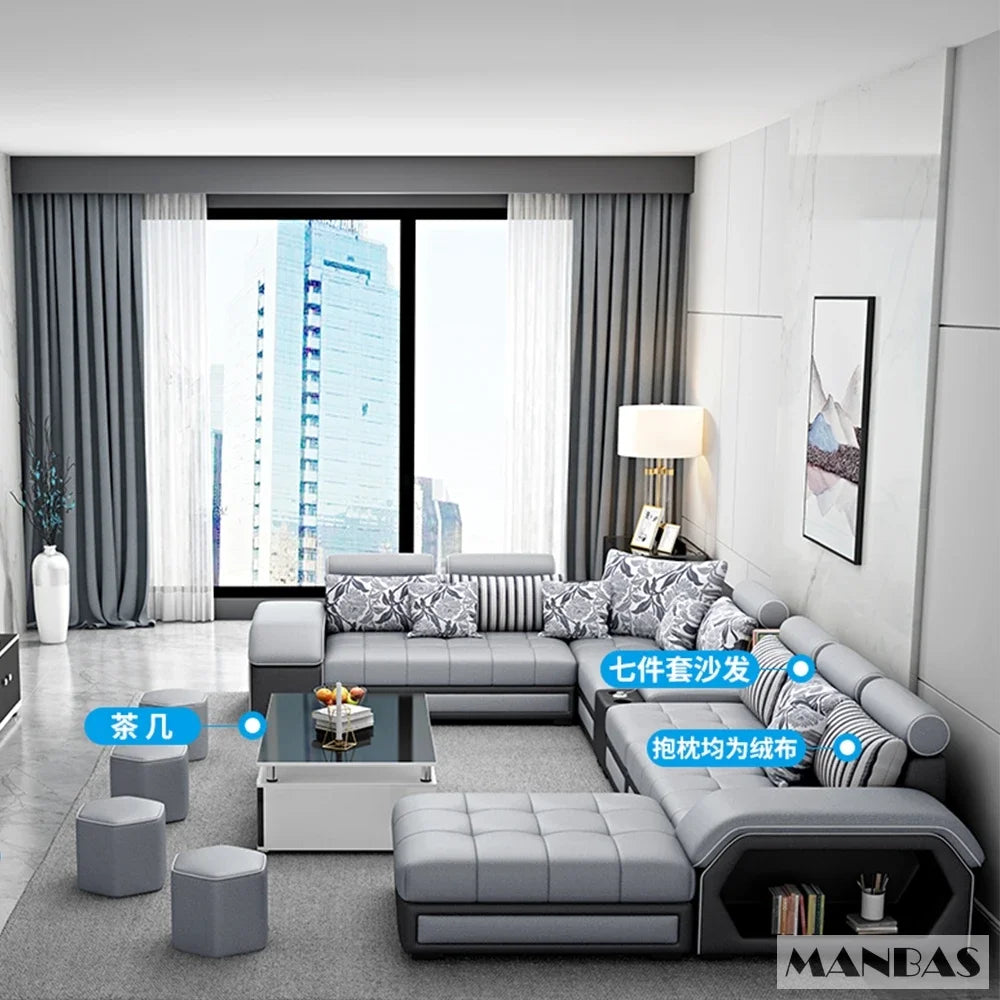 Linlamlim U Shape Fabric Sofa Set With USB Ports And Stools