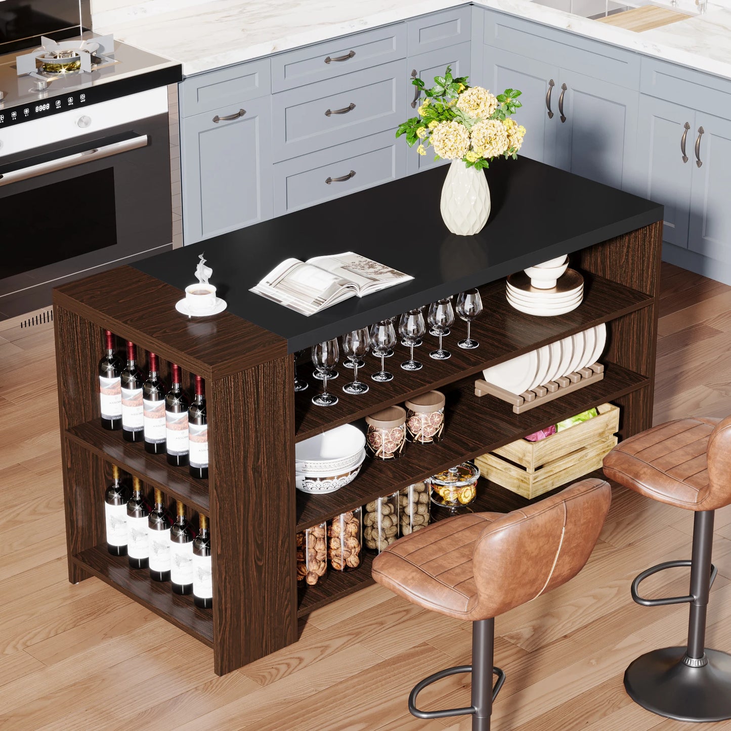 Tribesigns Farmhouse Kitchen Island with Storage and 5-Tier Shelves