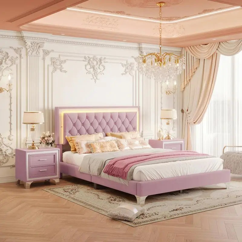 General 3-Piece Upholstered Bedroom Set With LED Bed And Nightstands