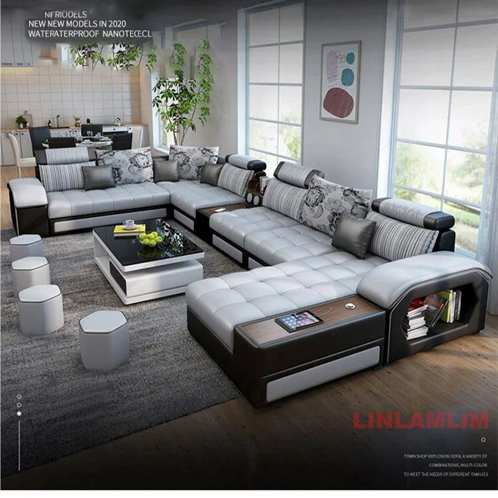 MANBAS U-Shaped Sectional Fabric Sofa Set With Built-In Storage