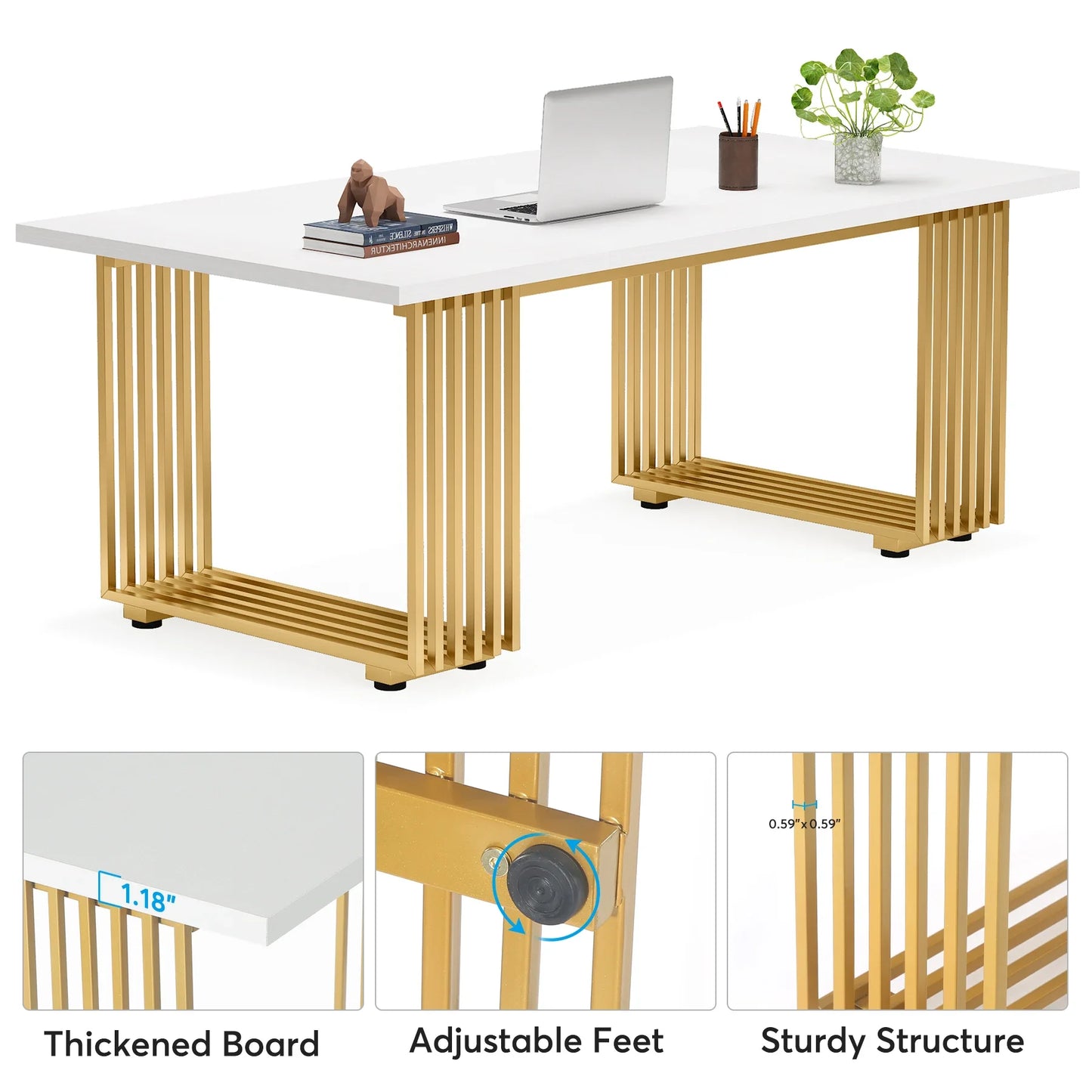 Tribesigns Modern Executive Wooden Office Desk With Gold Metal Legs