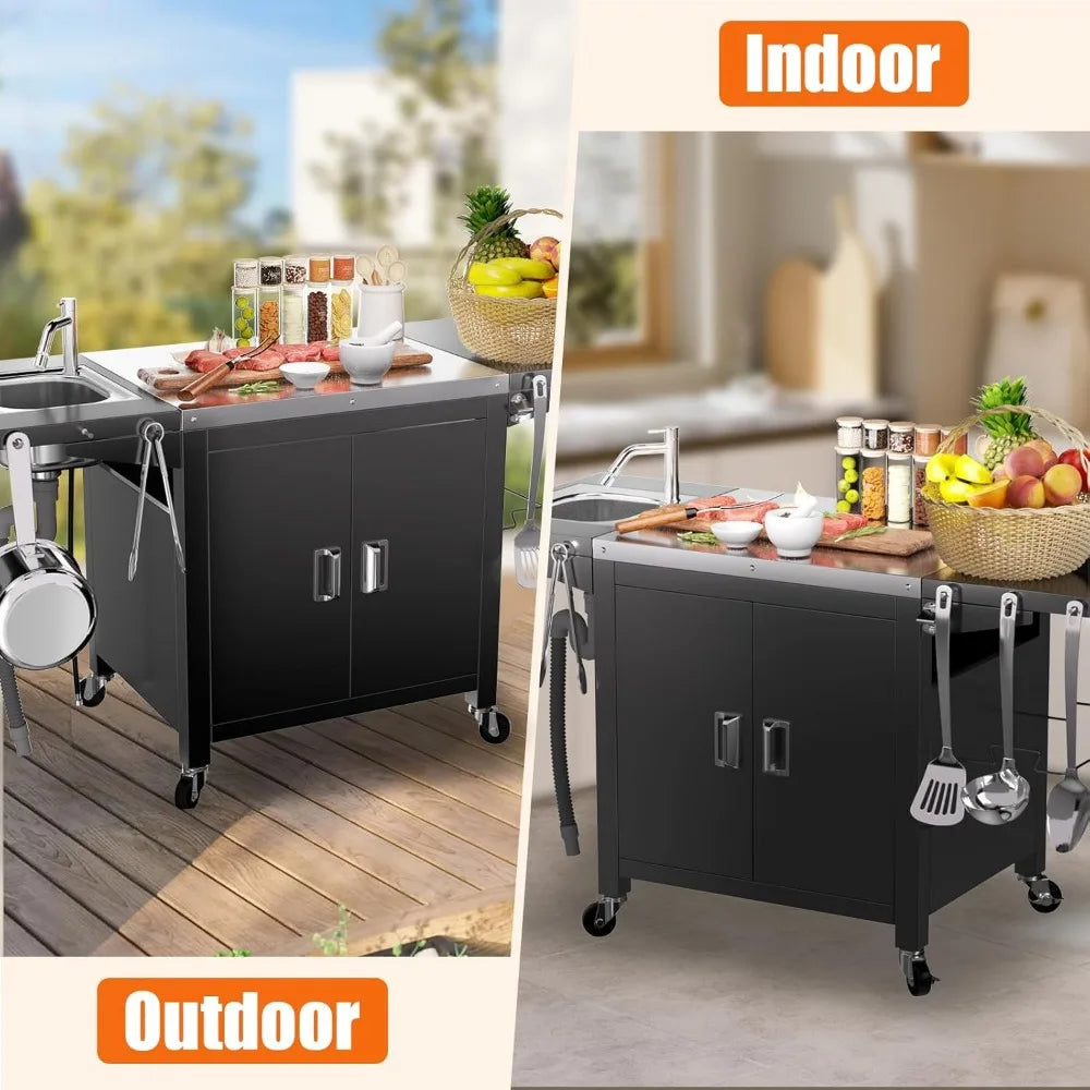 Grill Table with Sink, Outdoor Bar Cart Grill Station, Modular Outdoor Kitchen Island with 100-Gallon Storage Cabinet, 304 Stain