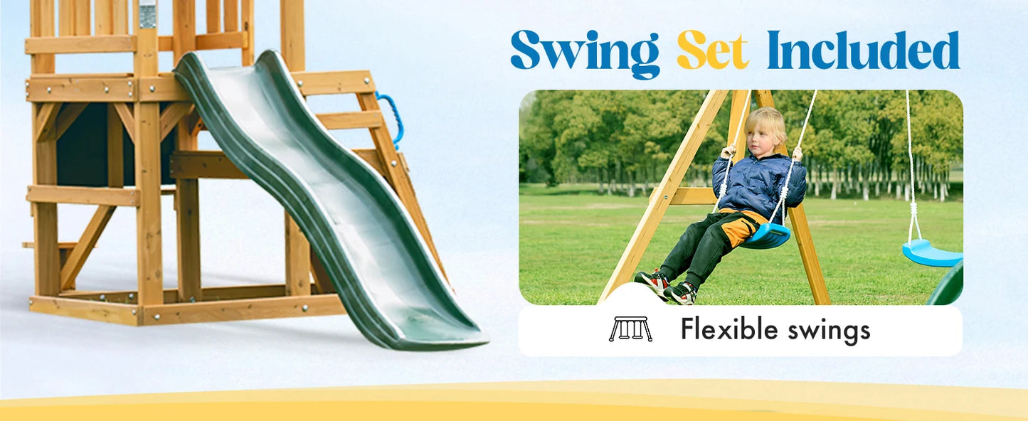 Robotime Robud Wooden Swing Set with Dual Swings Slide Rock Climbing Wall Chalkboard Telescope Fort for Backyard Fun for Kids