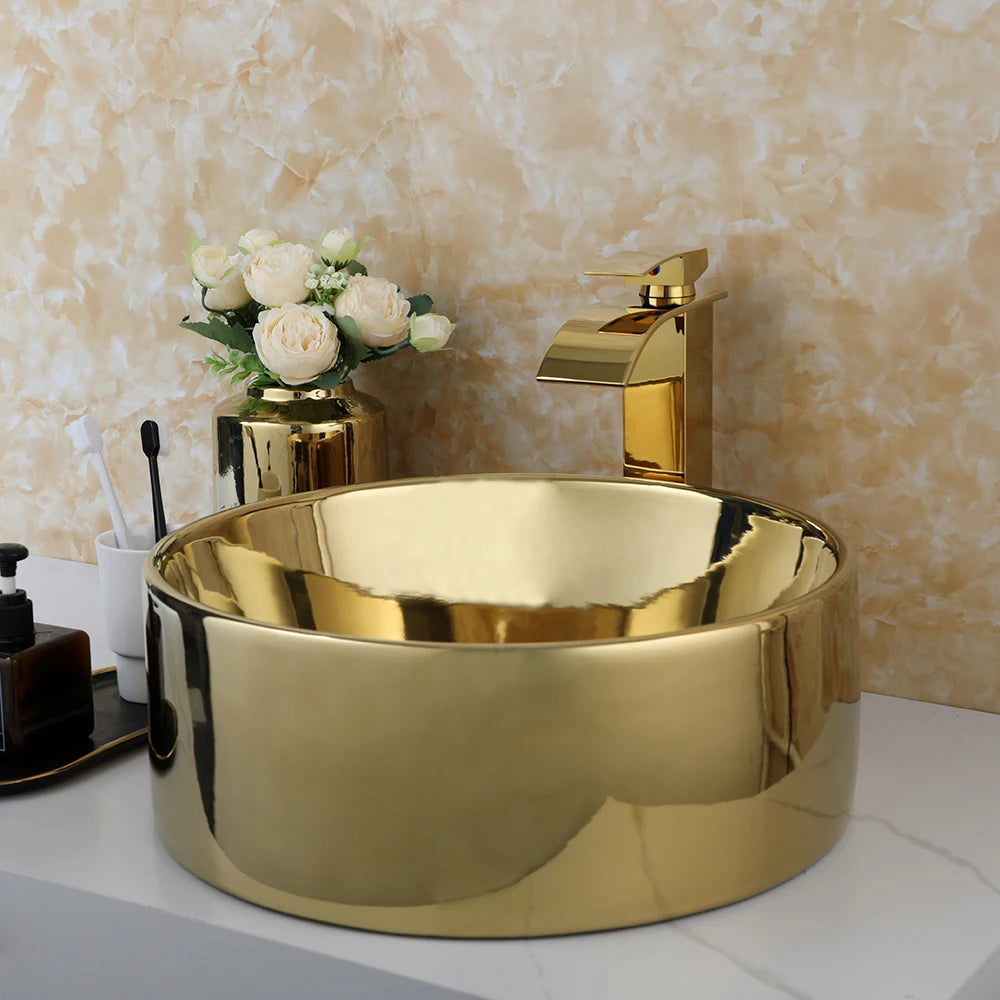 KEMAIDI Round Vessel Sink With Faucet Ceramic Bathroom Set