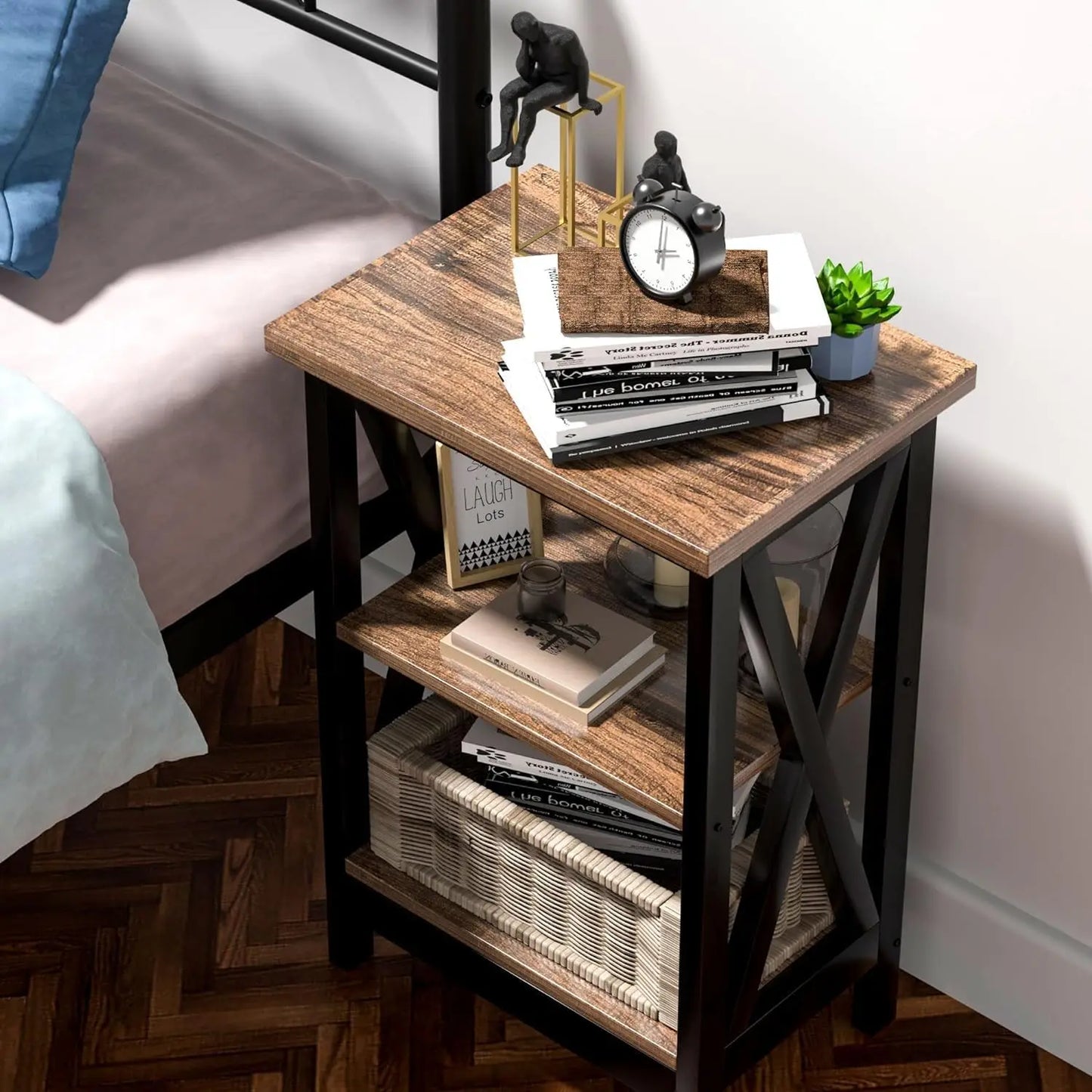Rustic End Table Set With X Design And Tier Storage