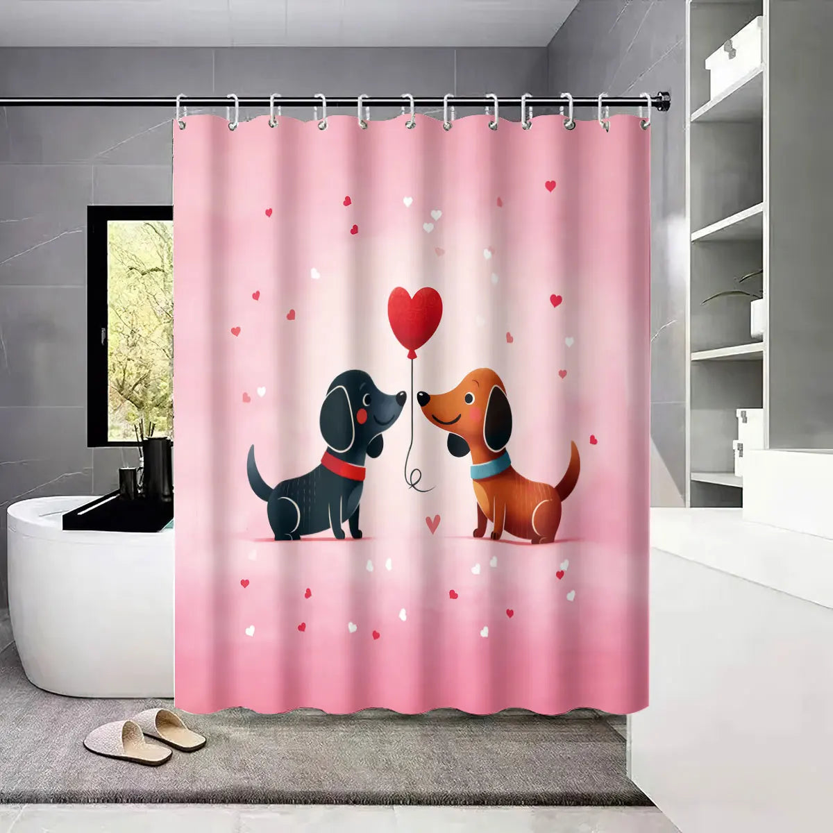 4pcs Valentine's Day Pink Romantic Sausage Dog Print Bathroom Set Waterproof Shower Curtain Floor Mat U-shaped Toilet Mat