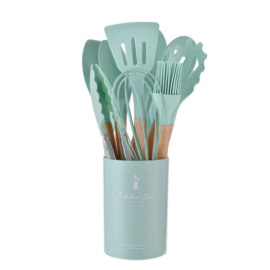 AJOYOUS Silicone Kitchen Utensil Set Nonstick Spatulas Shovels Wooden Handle