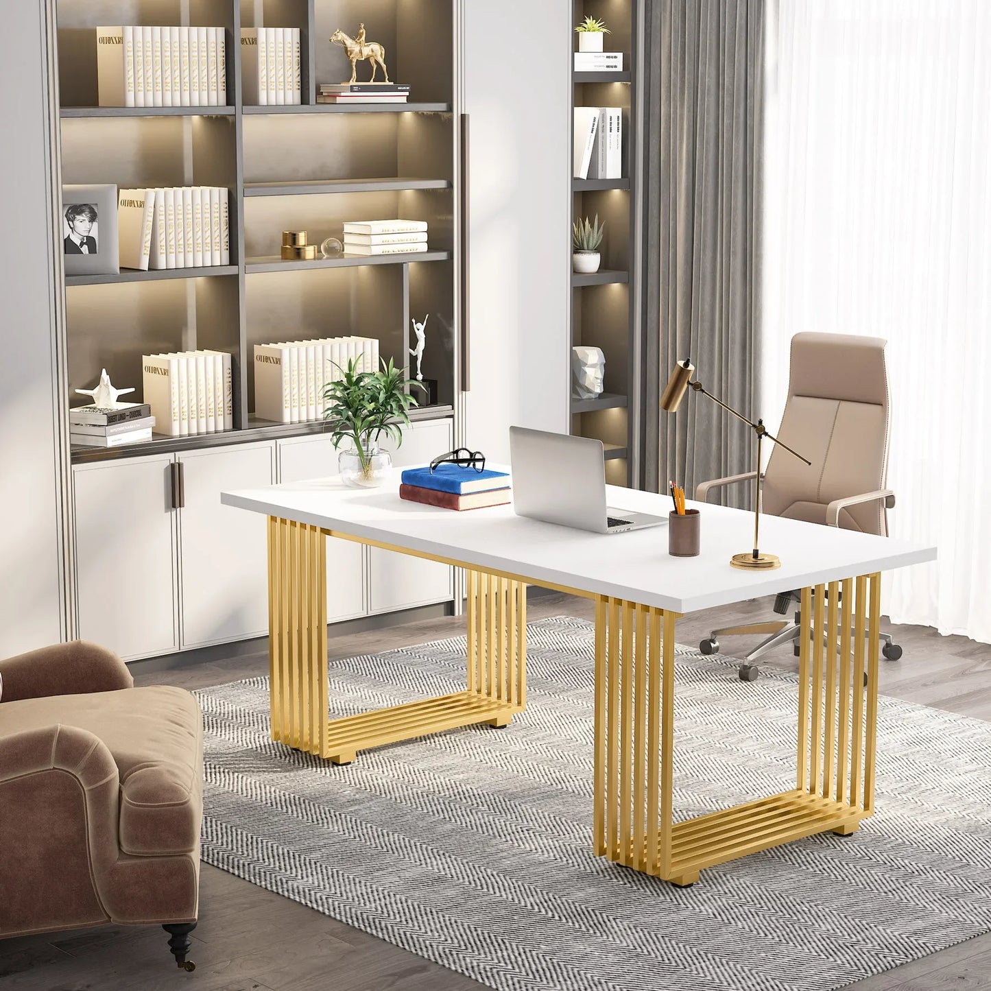 Tribesigns Modern Executive Wooden Office Desk With Gold Metal Legs