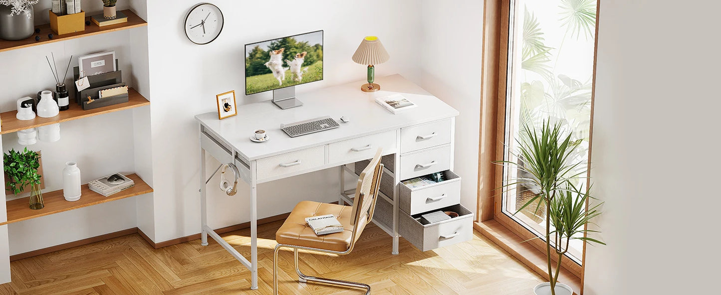 ODK 40 Inch White Computer Desk, 6 Drawers Reversible Desk with Headphone Hook, Small Storage Desk for Home Office Study Bedroom
