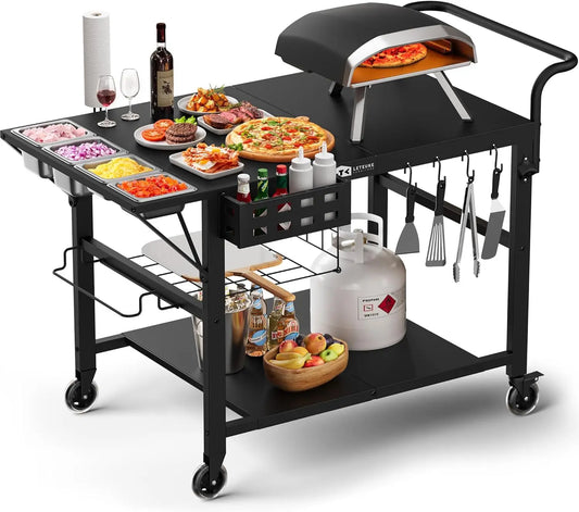Universal Outdoor Pizza Oven Cart with Wheels, Heavy-Duty Steel Frame, Spice Rack & Storage for BBQ Prep