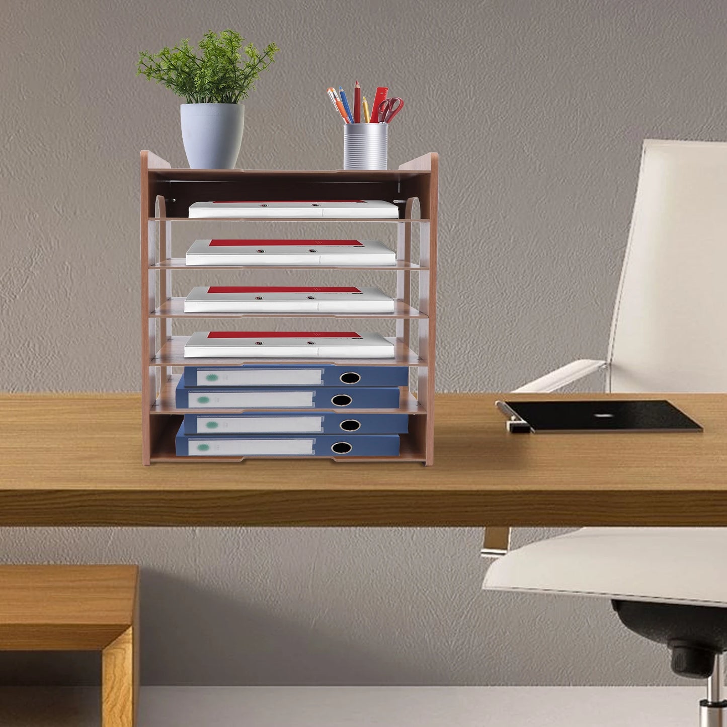7-Tier Wooden Desk Organizer for Office Papers and Files