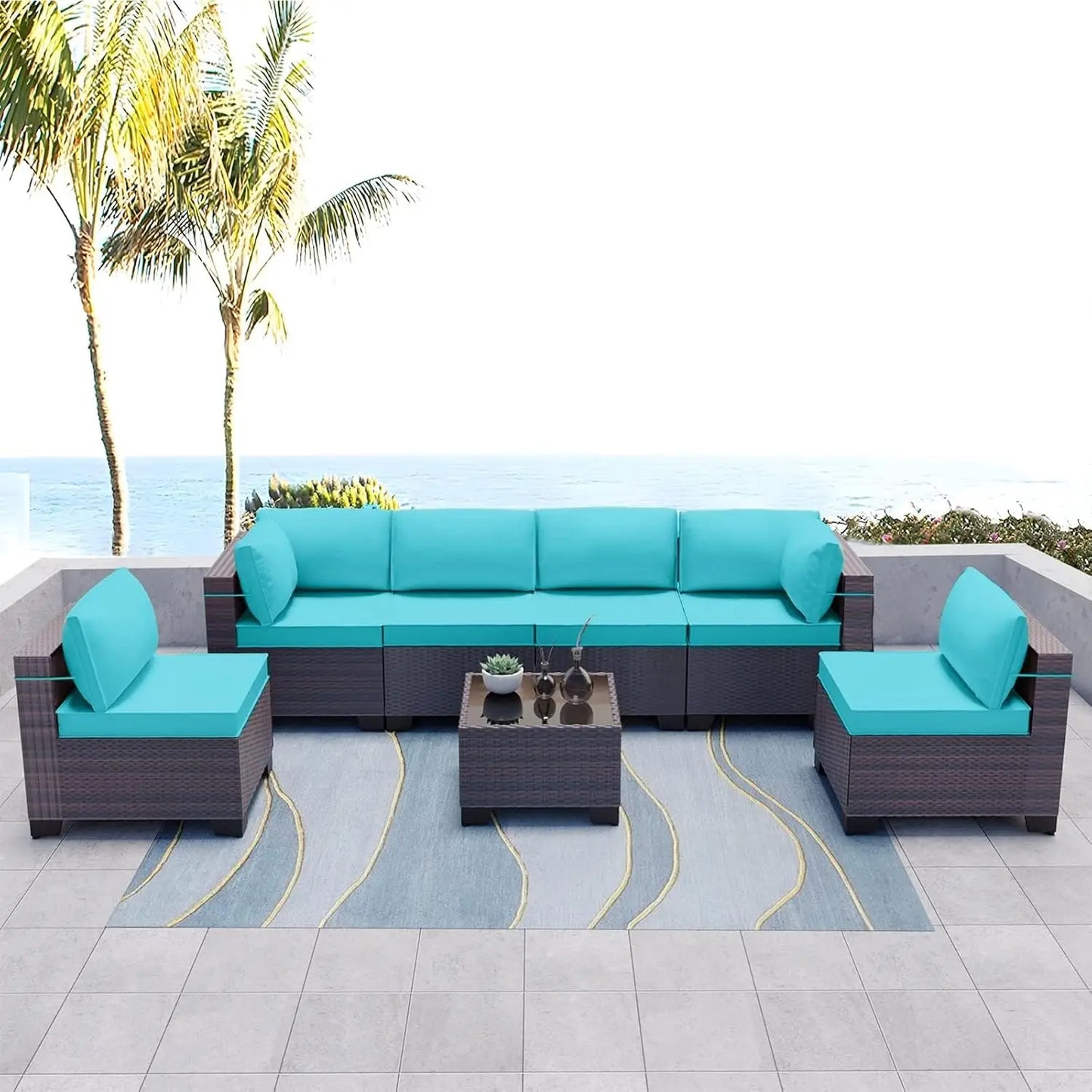 7 Pieces Outdoor Patio Furniture Set,Sectional Rattan Sofa Set Brown PE Rattan Wicker Patio Conversation Set with, Customized