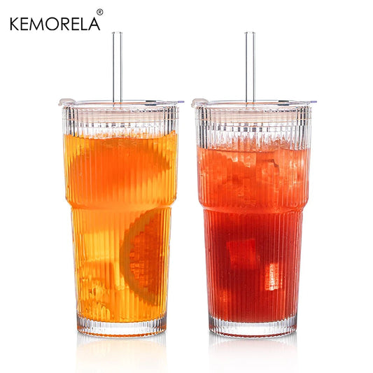 KEMORELA Ribbed Glass Tumblers With Lids And Straws Set