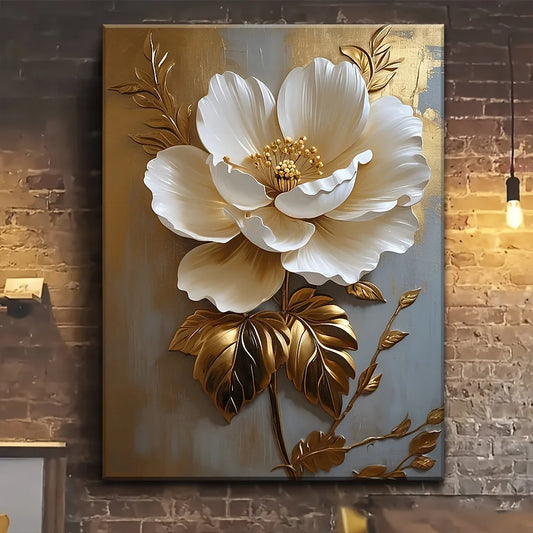 Elegant White Floral Canvas Art Vintage Gold Flower Wall Decoration