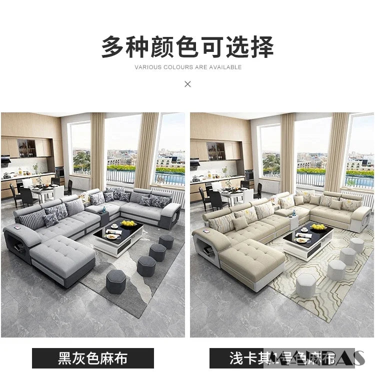 Linlamlim U Shape Fabric Sofa Set With USB Ports And Stools