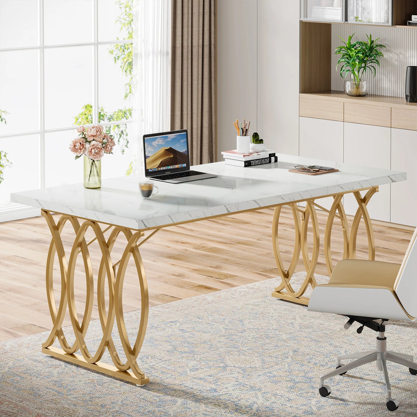 Tribesigns Modern Executive Wooden Office Desk With Gold Metal Legs