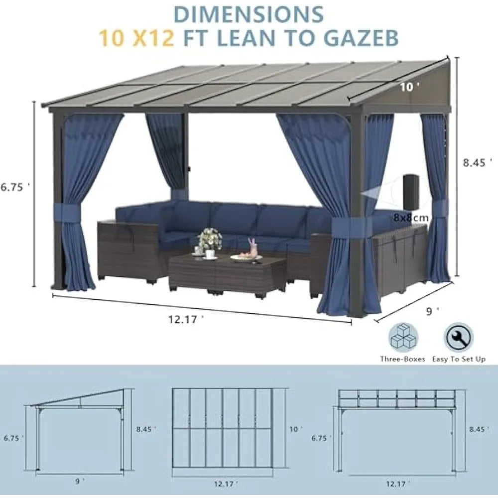 10’ x 12’ Wall Mount Gazebo Outdoor Pergola, Hardtop Lean to Gazebo Canopy Awnings with Sloped Roof and Sturdy Steel Frame, for