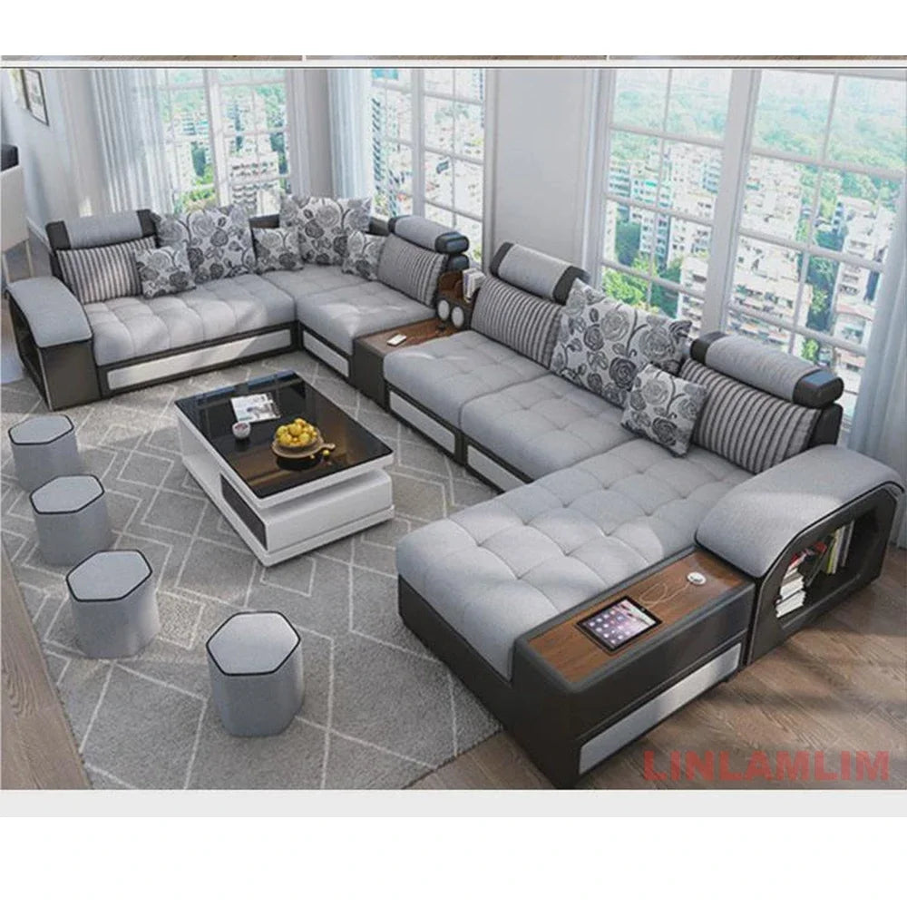 MANBAS U Shaped Sectional Fabric Sofa With Storage Built In Side Tables USB