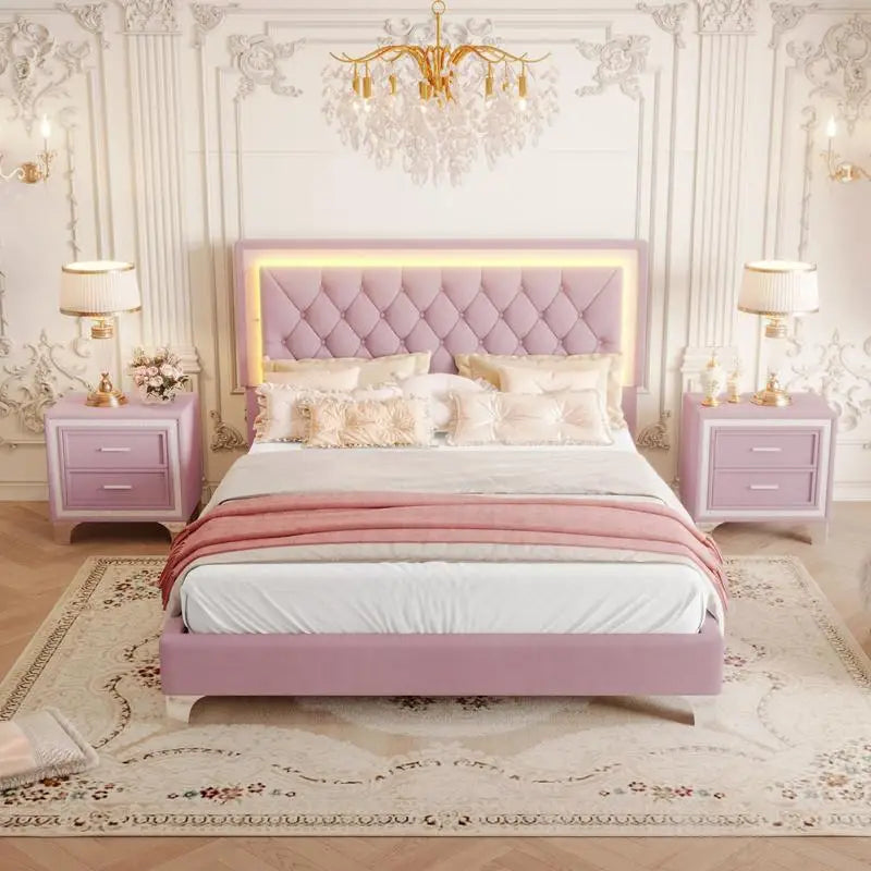 General 3-Piece Upholstered Bedroom Set with LED Bed and Nightstands