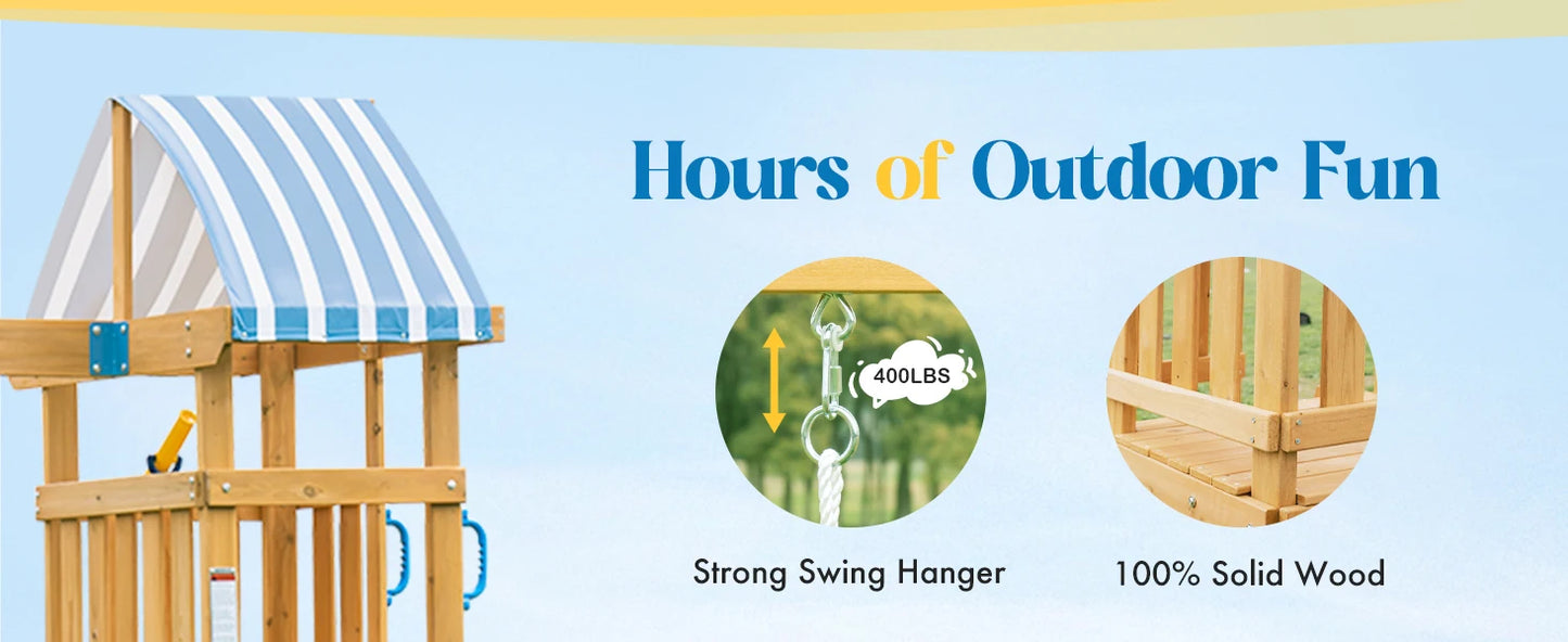 Robotime Robud Wooden Swing Set with Dual Swings Slide Rock Climbing Wall Chalkboard Telescope Fort for Backyard Fun for Kids
