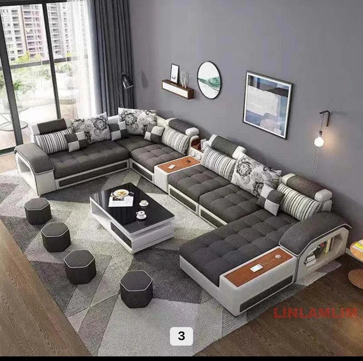 MANBAS U-Shaped Sectional Fabric Sofa Set With Built-In Storage