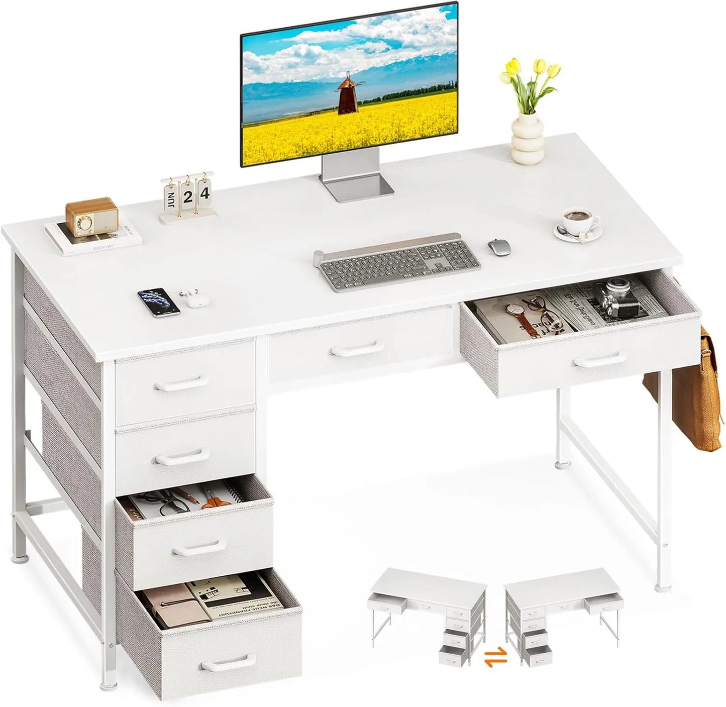 ODK 40 Inch White Computer Desk, 6 Drawers Reversible Desk with Headphone Hook, Small Storage Desk for Home Office Study Bedroom