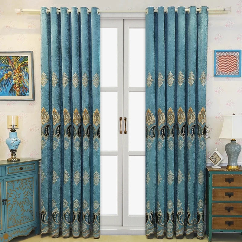2pcs Luxuriously embroidered Chenille curtains shade the living room without curtains