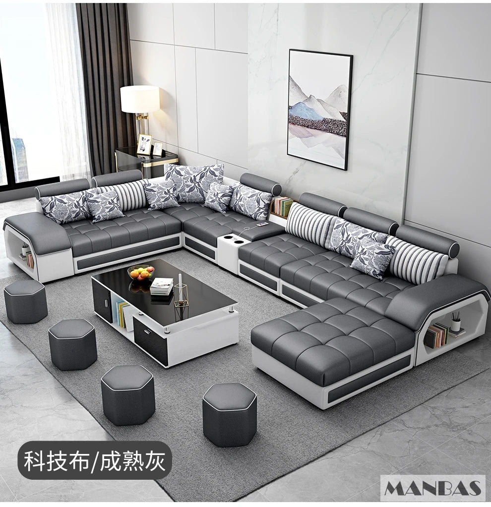 Linlamlim U Shape Fabric Sofa Set With USB Ports And Stools