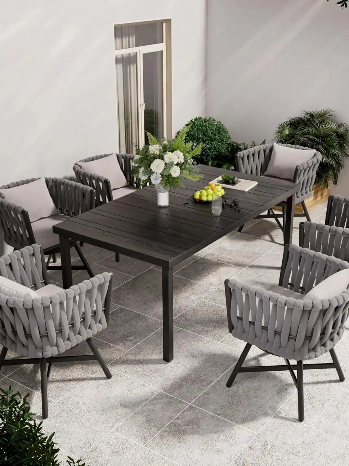 7-Piece Outdoor Dining Set , Patio Furniture Set for 6 Swivel Rope Wicker Chairs & 1 Rectangular Dining Faux Woodgrain Table