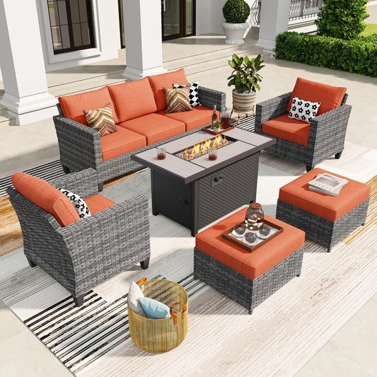 6 Pieces Patio Furniture Set with Fire Pit Table,Outdoor Wicker 3-Seat Sofa with Comfy Cushion,High Back Rattan Conversation Set