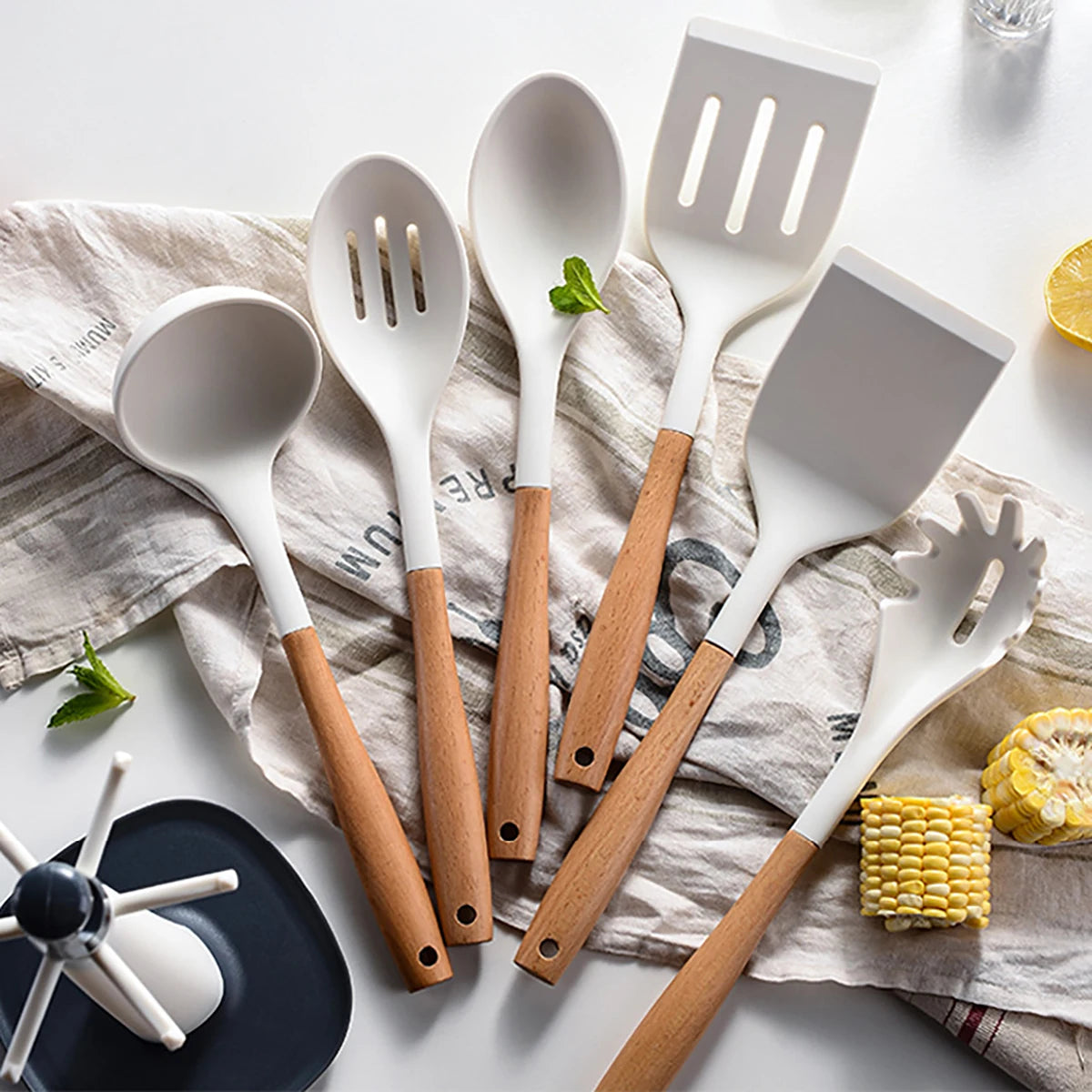 HELOTIC Silicone Utensil Set With Storage Stand 6 To 7