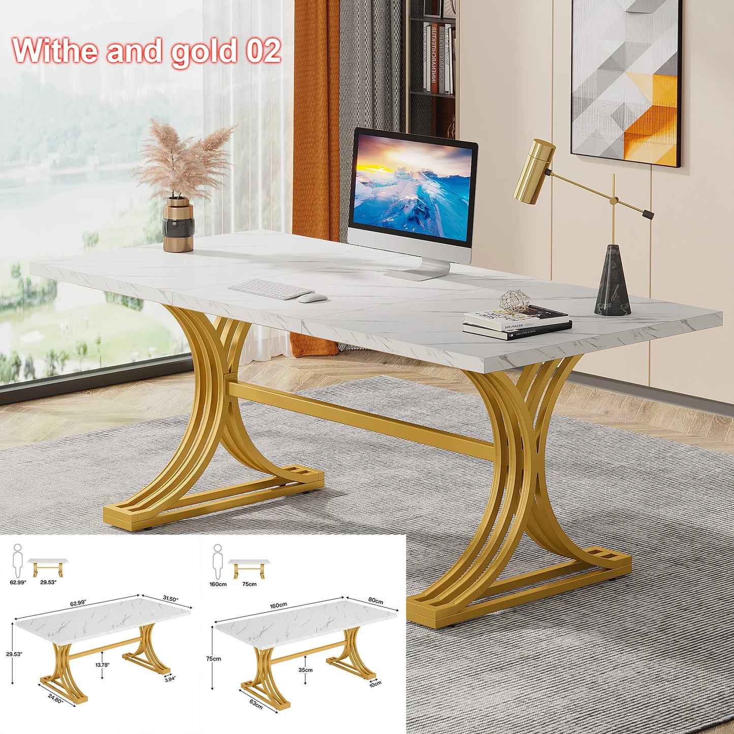 Tribesigns Modern Executive Wooden Office Desk With Gold Metal Legs