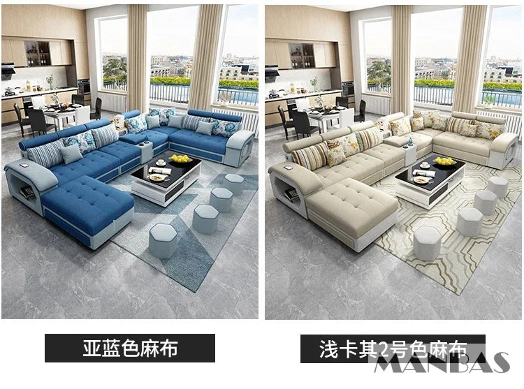 Linlamlim U Shape Fabric Sofa Set With USB Ports And Stools